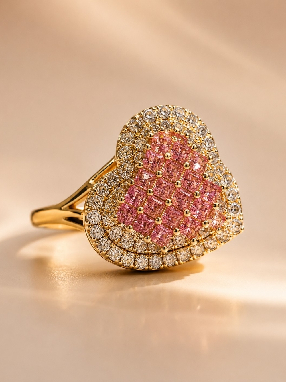 Lsminated 14k Gold Heart Ring with Pink and Clear Stones